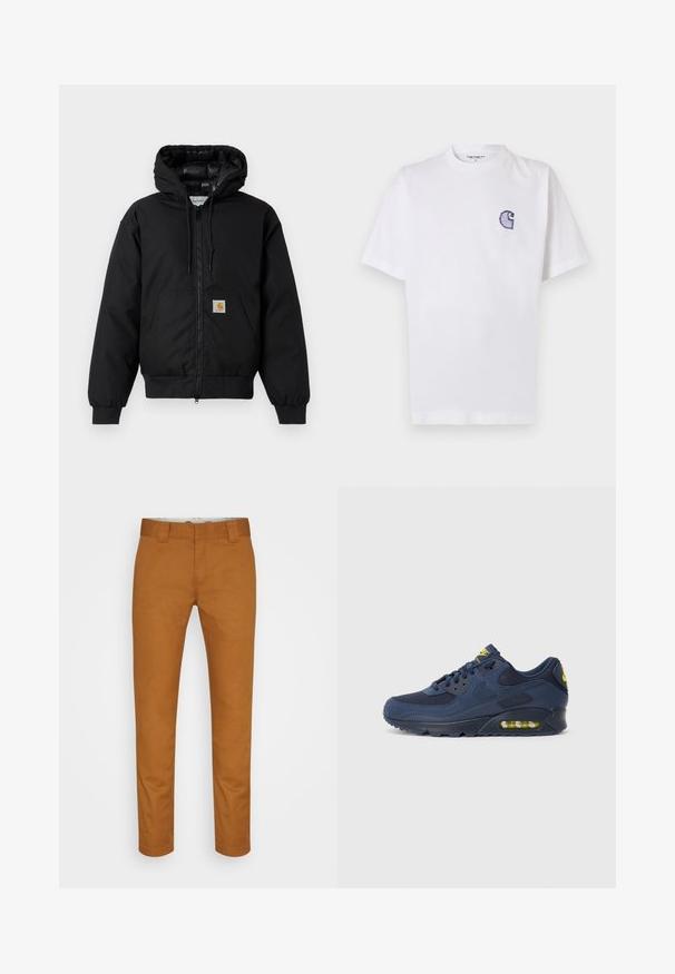 Casaco com capuz Carhartt preto, com fecho na frente, bolso tipo canguru, punhos canelados e patch do logo no bolso.; T-shirt branca de algodão com mangas curtas, decote redondo e um pequeno logotipo azul "C" bordado no lado esquerdo do peito.; Calças de algodão castanhas com corte reto, bolsos dianteiros e uma textura limpa e suave. Apresenta passadores de cinto e detalhes de costura discretos.; Tenis Nike Air Max azul marinho com parte superior em camurça e malha, com detalhes amarelos, fecho de atacadores na frente e amortecimento visível na sola.