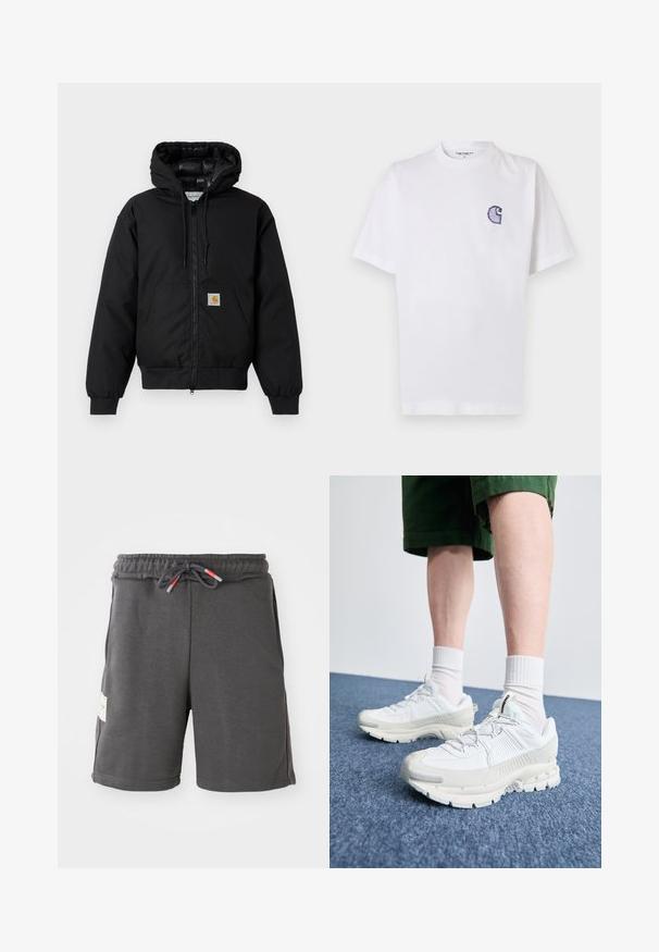 Chaqueta con capucha Carhartt negra, con cremallera frontal, bolsillo tipo canguro, puños de canalé y parche con el logo en el bolsillo.; Camiseta blanca de algodón con mangas cortas, cuello redondo y un pequeño logo azul bordado en forma de "C" en el área del pecho izquierdo.; Pantalones cortos deportivos grises con cintura elástica y cordón. Presentan bolsillos laterales y una etiqueta de tela en el lado izquierdo. Material ligero.; Zapatillas deportivas blancas con superposiciones texturizadas, una suela gruesa y acentos grises. Llevadas con calcetines blancos hasta la pantorrilla y pantalones cortos verdes sobre una superficie azul.