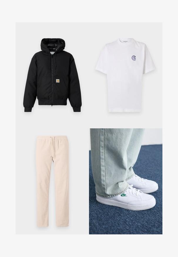 Schwarze Carhartt Kapuzenjacke mit Frontreißverschluss, Kängurutasche, gerippten Bündchen und Logopatch auf der Tasche.; Weißes Baumwoll-T-Shirt mit kurzen Ärmeln, rundem Halsausschnitt und einem kleinen, gestickten blauen "C"-Logo auf der linken Brustseite.; Helle beigefarbene Hose aus weichem Stoff, ausgestattet mit einem elastischen Bund und Kordelzug sowie geraden Beinen. Glatte Textur, keine Muster.; Weiße Leder-Sneaker mit grünem Nike-Logo, runde Zehenpartie, flache Sohle, kombiniert mit hellblauen Jeans, präsentiert auf einem blauen Teppich.