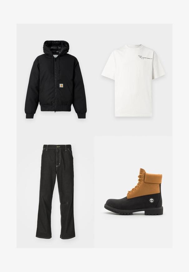 Fekete Carhartt kapucnis dzseki elöl cipzárral, kenguruzsebbel, bordás mandzsettákkal és logóval ellátott zsebbel.; Fehér pamut rövid ujjú póló környakú kivitelben, a mellkason fekete nyomtatott szöveggel: "Carhartt Work in Progress 1989."; Fekete farmernadrág laza szabással, kontrasztos fehér varrással, gombos záródással és egyenes lábmegoldással.; Fekete és barna boka csizma, bőrből és velúr anyagból készült, párnázott gallérral, hat fémlyukkal és logós gumitalppal.