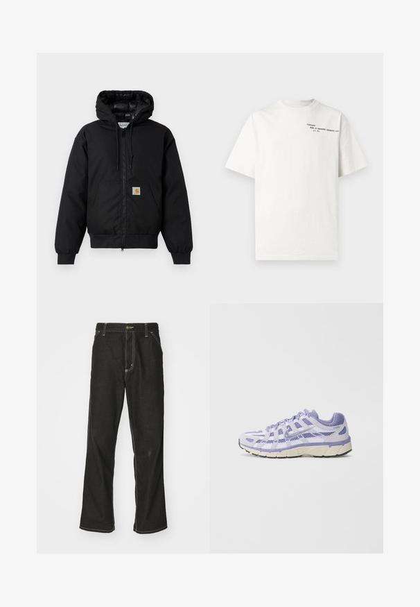 Melnā Carhartt kapuce jaka ar priekšējo rāvējslēdzēju, kangorūkas kabatu, ribotām piedurknēm un logotipa plāksteri uz kabatas.; Balts kokvilnas T-krekls ar īsām piedurknēm, apaļu kakla izgriezumu un melnu uzdrukātu tekstu uz krūtīm: "Carhartt Work in Progress 1989."; Melni džinsi ar brīvu piegriezumu, ar kontrastējošu baltu diegu, pogu aizdari un taisnu kāju dizainu.; Gaiši purpura sporta kurpe ar sietveida un zamšādas materiāliem, ar teksturētu virsmu, pastiprinātu purngalu un melnu gumijas zoli.