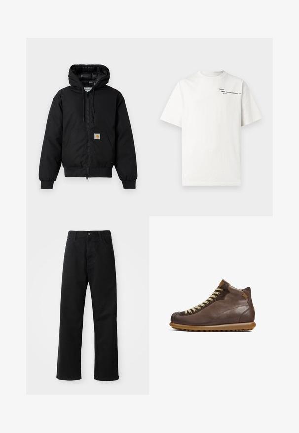 Schwarze Carhartt Kapuzenjacke mit Frontreißverschluss, Kängurutasche, gerippten Bündchen und Logopatch auf der Tasche.; Weißes Baumwoll-T-Shirt mit kurzen Ärmeln, Rundhalsausschnitt und schwarzem aufgedrucktem Text auf der Brust mit der Aufschrift "Carhartt Work in Progress 1989."; Schwarze Jeans mit geradem Schnitt, ausgestattet mit Fronttaschen, einem Reißverschluss und einem einzelnen oberen Knopf. Texturiert mit matter Oberfläche.; Camper PELOTAS ARIEL - Schnürstiefelette - dunkelbraun