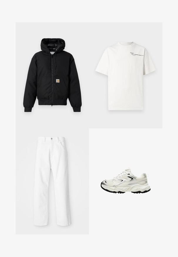 Black Carhartt hooded jacket with front zipper, kangaroo pocket, ribbed cuffs, and logo patch on pocket.; White cotton t-shirt with short sleeves, crew neckline, and black printed text on the chest reading "Carhartt Work in Progress 1989."; White denim pants with a straight leg design, featuring a front button and zipper closure, five pockets, and a clean, textured finish.; White sneaker with a mesh upper, silver accents, black sole, and textured panels. Features lace-up design and rounded toe shape.