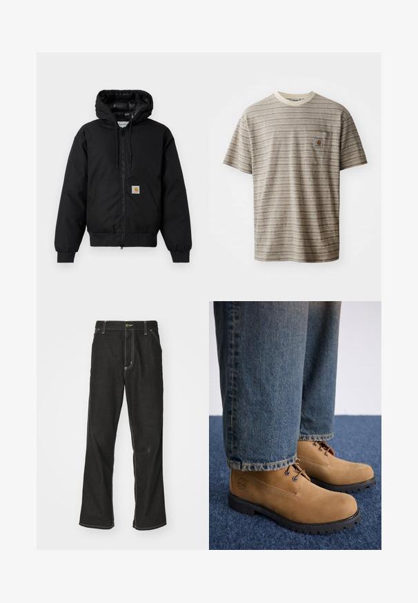 Fekete Carhartt kapucnis dzseki elöl cipzárral, kenguruzsebbel, bordás mandzsettákkal és logóval ellátott zsebbel.; Rövidujjú csíkos póló bézs és barna színben, kerek nyakkivágással és logópatchelt mellzsebbel. Texturált anyag.; Fekete farmernadrág laza szabással, kontrasztos fehér varrással, gombos záródással és egyenes lábmegoldással.; Timberland Fűzős bokacsizmák - medium beige