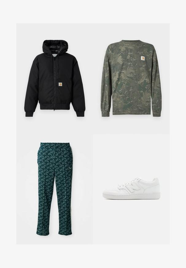 Casaco com capuz Carhartt preto, com fecho na frente, bolso tipo canguru, punhos canelados e patch do logo no bolso.; Camisola de manga comprida camuflada em tons de verde e castanho, com um pequeno emblema quadrado com o logo da Carhartt no peito esquerdo.; Calças verdes com padrão que apresentam um design de logótipo repetido, com uma cintura elástica e corte reto, exibidas contra um fundo neutro.; Sapatilha branca feita de couro liso, com bico perfurado, sola de borracha texturizada, atacadores planos e um destacado logotipo 'N' na lateral.