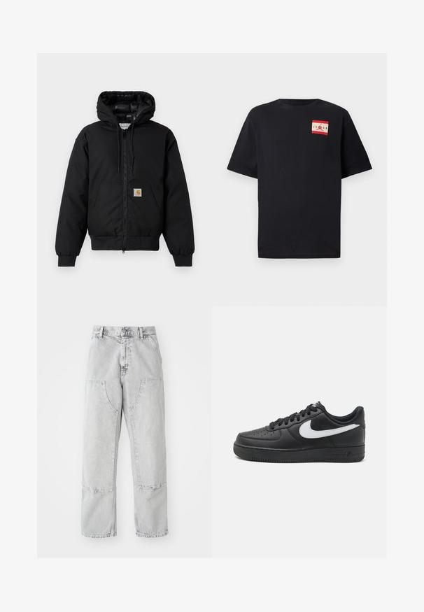Melnā Carhartt kapuce jaka ar priekšējo rāvējslēdzēju, kangorūkas kabatu, ribotām piedurknēm un logotipa plāksteri uz kabatas.; Melnas īsām piedurknēm T-krekls, izgatavots no kokvilnas, ar sarkanu un baltu grafisko logotipa uzlīmi kreisajā krūšu daļā. Klasisks apaļais kakls.; Gai pelēki džinsi ar brīvu piegriezumu, kas aprīkoti ar lieliem sānu kabatām, redzamām šuvēm un taisnu kāju dizainu. Jostu cilpas jostasvietā.; Melni Nike Air Force 1 kedai ar gludu ādas virsu, balti logotipa akcenti, perforētu purngals un teksturēta gumijas zole.