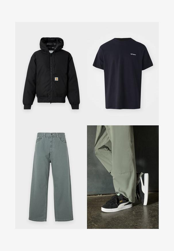 Sort Carhartt hættetrøje med frontlynlås, kengurulomme, ribbede manchetter og logo-patch på lommen.; Sort bomulds t-shirt med korte ærmer, rund hals og et diskret hvidt logo på venstre brystområde. Glat tekstur, standard pasform.; Breddebenede bukser i afdæmpet grøn bomuld, med en klassisk talje, bæltesløjfer, forlommer og kontrasterende sømdetaljer.; Sorte ruskinds sneakers med hvide gummisåler og sidestreger, parret med lysegrønne cargo bukser, stående på en struktureret mørk overflade.