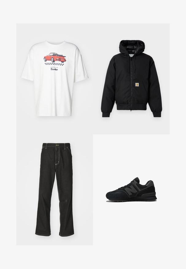 Black Carhartt hooded jacket with front zipper, kangaroo pocket, ribbed cuffs, and logo patch on pocket.; White cotton t-shirt featuring a graphic of a red sports car with "Porsche turbo" text and black checkered pattern below the design.; Black denim jeans with a loose fit, featuring contrasting white stitching, a button closure, and a straight leg design.; Black sneaker featuring a suede and mesh upper, thick sole, and prominent 'N' logo on the side. Textured design with lace closure.