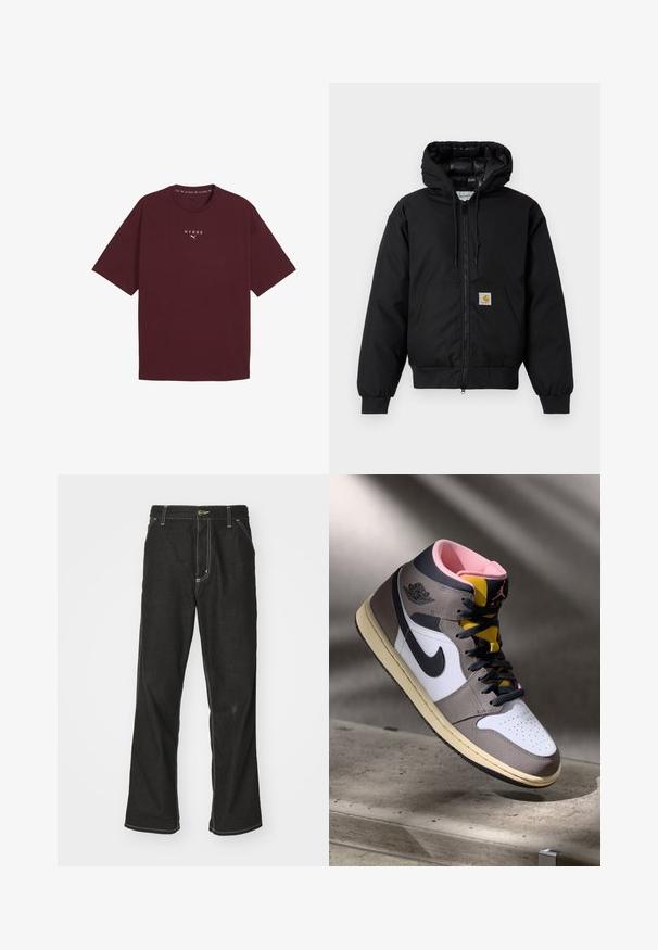 Sort Carhartt hættetrøje med frontlynlås, kengurulomme, ribbede manchetter og logo-patch på lommen.; Burgunderfarvet bomulds T-shirt med rund halsudskæring, korte ærmer og hvid "HYROX" logo på brystet. Casual pasform med en glat tekstur.; Sorte denimjeans med løs pasform, der har kontrasterende hvid syning, en knaplukning og et lige ben-design.; Høj-top Nike Air Jordan sneaker i hvid, grå og sort med pink indvendigt og gul tunge, placeret på en betonoverflade.