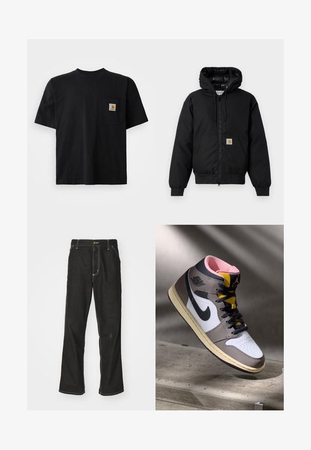 Čierna kapucňová bunda Carhartt s predným zipsom, klokannou vreckom, ribovanými manžetami a logo nášivkou na vrecku.; Čierne tričko s krátkym rukávom, okrúhlym výstrihom a malou štvorcovou nášivkou loga Carhartt na ľavej strane vrecka.; Čierne denimové nohavice s voľným strihom, s kontrastným bielym prešívaním, uzáverom na gombík a rovnými nohavicami.; Biele, šedé a čierne vysoké tenisky Nike Air Jordan s ružovým interiérom a žltým jazykom, umiestnené na betónovom povrchu.