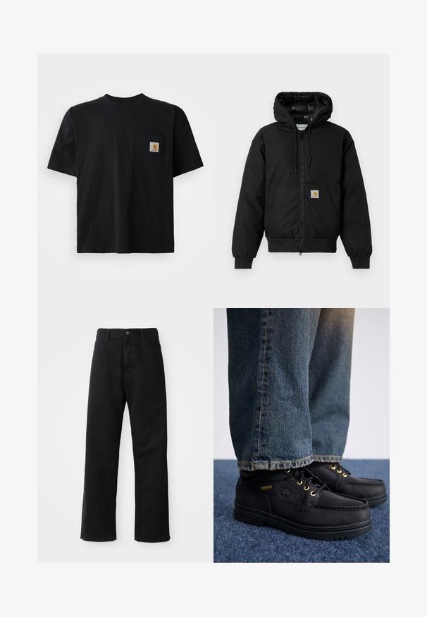 Juodas Carhartt džemperis su gobtuvu, priekiniais užtrauktukais, kengūros kišene, raibstais rankogalviais ir logotipo pleistru kišenėje.; Juodas trumpo rankovės marškinėliai su apvalia iškirpte ir maža kvadratinė Carhartt logotipo etikete kairiajame krūtinės kišenėje.; Juodo džinsinio audinio keliaraiščiai su tiesia iškarpa, turintys priekinės kišenes, užtrauktuką ir vieną viršutinį mygtuką. Audinys tekstūruotas, su matinio paviršiaus apdaila.; Juodi odiniai batai su auksiniais akmenimis ir tekstūruotu paviršiumi, derinami su mėlynomis džinsinėmis kelnėmis. Batai turi sluoksniuotą pada ir prekės ženklo detalę.