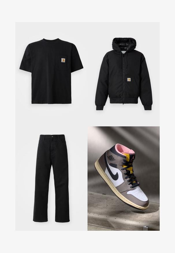 Crna Carhartt jakna s kapuljačom, s prednjim zatvaračem, kangaroo džepom, rebrastim manžetama i logo naljepnicom na džepu.; Crna majica kratkih rukava s okruglim izrezom i malim kvadratnim Carhartt logotipom na lijevoj strani džepa.; Crne traperice ravnog kroja, s prednjim džepovima, patentnim zatvaračem i jednim gornjim dugmetom. Teksturirana tkanina s mat završetkom.; Visoke Nike Air Jordan tenisice u bijeloj, sivoj i crnoj boji s ružičastim unutrašnjim dijelom i žutim jezikom, postavljene na betonskoj površini.