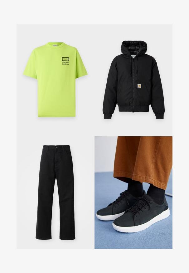 Mustaherra Carhartt-huppari, jossa on etuvetoketju, kengurupocket, ribbed-hihansuut ja logopatch taskussa.; Vihreä limen värinen puuvillapaita, jossa on pyöreä kaula-aukko, lyhyet hihat ja musta graafinen printti vasemmassa rinnassa, jossa lukee "uudet alkuperäiset".; Musta farkkushortsit suoran leikkauksen kanssa, joissa on etutaskut, vetoketjuläppä ja yksi yläpainike. Rakenteellinen kangas matta pinnalla.; Musta mokkanahkakengät valkoisilla kumipohjilla, joissa on nauhakiinnitys, teksturoituja yksityiskohtia ja huomaamatonta brändäystä, yhdistettynä ruskeisiin housuihin.