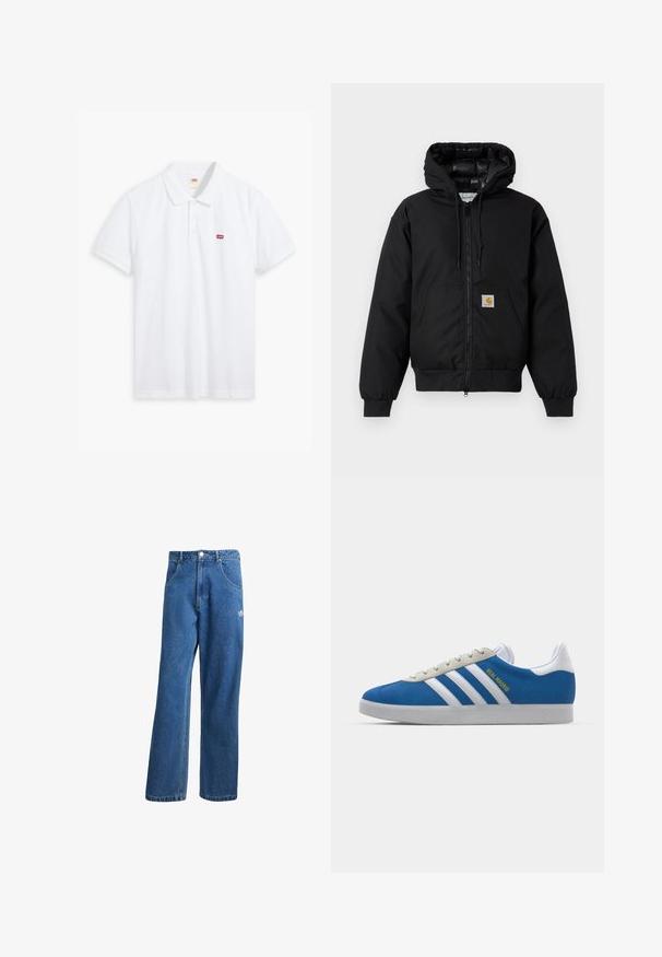 Juodas Carhartt džemperis su gobtuvu, priekiniais užtrauktukais, kengūros kišene, raibstais rankogalviais ir logotipo pleistru kišenėje.; Balta polo marškinių, pagamintų iš medvilnės. Yra trijų mygtukų apykaklė, trumpomis rankovėmis ir mažas raudonas Levi's logotipas kairiajame krūtinės šone.; Mėlynos aukštu liemeniu plačios džinsinės kelnės su priekinėmis kišenėmis, diržo kilpos, sagčių uždarymu ir mažu Adidas logotipu dešinėje šlaunyje.; adidas Originals ADIDAS GAZELLE SHOES - Salės futbolo bateliai - real madrid/bluebird/footwear white/crew yellow