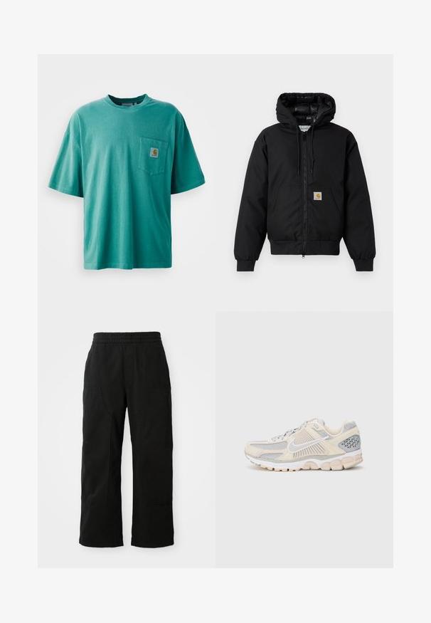 Casaco com capuz Carhartt preto, com fecho na frente, bolso tipo canguru, punhos canelados e patch do logo no bolso.; T-shirt de algodão verde com decote redondo, mangas curtas e um bolso frontal com um patch de logotipo. Textura suave e corte descontraído.; Calças de algodão pretas com cintura elástica, design de perna larga e grandes bolsos laterais. O tecido parece suave com uma textura lisa.; Sapatilha de corrida leve com uma parte superior em malha bege e cinza, sobreposições texturizadas, logótipo branco e sola almofadada. Acentuada com painéis respiráveis.