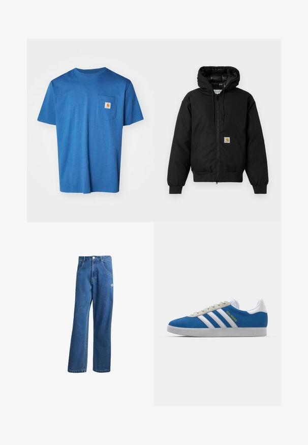 Fekete Carhartt kapucnis dzseki elöl cipzárral, kenguruzsebbel, bordás mandzsettákkal és logóval ellátott zsebbel.; Kék pamut póló, kerek nyakkivágással, rövid ujjakkal és bal melletti zsebbel, aminek logója van. Simább anyag, laza design.; Kék, magas derekú, bő szárú farmernadrág elülső zsebekkel, övhurkokkal, gombos záródással és kicsi Adidas logóval a jobb combon.; adidas Originals ADIDAS GAZELLE SHOES - Beltéri futballcipő - real madrid/bluebird/footwear white/crew yellow