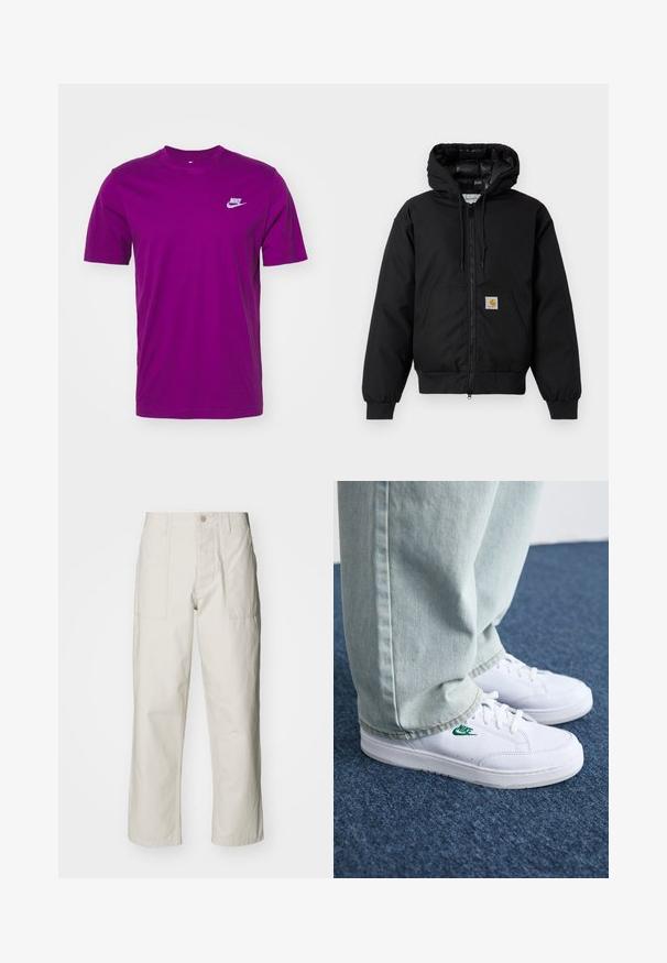 Casaco com capuz Carhartt preto, com fecho na frente, bolso tipo canguru, punhos canelados e patch do logo no bolso.; Nike Sportswear CLUB TEE - T-shirt básica - viotech; Calças largas em bege claro, feitas de algodão. Apresentam bolsos frontais e fecho com botão. Textura suave com linhas verticais subtis.; Tênis de couro brancos com logo verde da Nike, bico redondo, sola plana, combinados com calças de denim azul claro, exibidos sobre um tapete azul.