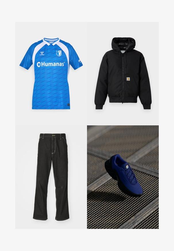 Casaco com capuz Carhartt preto, com fecho na frente, bolso tipo canguru, punhos canelados e patch do logo no bolso.; Camisa de futebol 1. FC Magdeburg em azul e branco, com logos de patrocinadores, marca hummel e textura de tecido com padrão.; Calças de ganga pretas de corte largo, com costuras brancas em contraste, fecho de botão e design de perna reta.; Sapatilha atlética azul com parte superior texturizada, sola preta e atacadores. Apresenta uma marcação "air" na língua e elementos de amortecimento de ar visíveis.