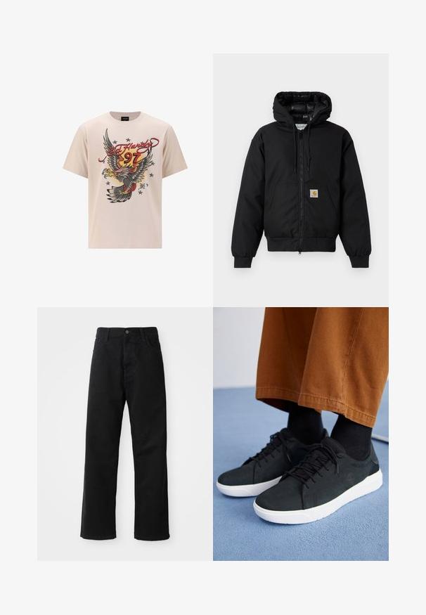 Černá bunda Carhartt s kapucí, předním zipem, klokaní kapsou, ribovanými manžetami a logem na kapse.; Béžové bavlněné tričko s velkým grafickým motivem orla v červených a žlutých akcentách, textem "Ed Hardy" a hvězdami ve strukturovaném tištěném designu.; Černé džínové kalhoty s rovný střih, s předními kapsami, zipovým zapínáním a jedním horním knoflíkem. Texturovaná látka s matným povrchem.; Černé semišové tenisky s bílými gumovými podešvemi, s šněrovacím designem, texturovanými detaily a jemným logem, spárované s hnědými kalhotami.