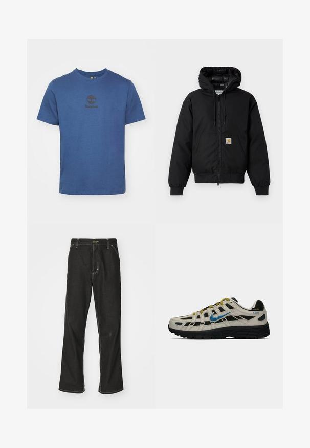 Čierna kapucňová bunda Carhartt s predným zipsom, klokannou vreckom, ribovanými manžetami a logo nášivkou na vrecku.; Modrá bavlnená tričko s okrúhlym výstrihom, krátkymi rukávmi a čiernym logom Timberland vytlačeným na hrudi. Hladká textúra, neformálny dizajn.; Čierne denimové nohavice s voľným strihom, s kontrastným bielym prešívaním, uzáverom na gombík a rovnými nohavicami.; Béžovo-čierne tenisky Nike P-6000 s modrým logom, žltými šnúrkami, čiernou podrážkou a visačkou z Cordura látky na päte.