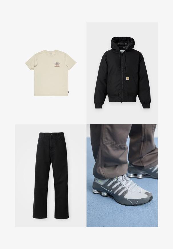 Black Carhartt hooded jacket with front zipper, kangaroo pocket, ribbed cuffs, and logo patch on pocket.; Beige cotton t-shirt featuring a small, multicolored graphic on the chest. Crew neck and short sleeves. Relaxed fit with side label.; Black denim pants with a straight cut, featuring front pockets, a zip fly, and a single top button. Textured fabric with a matte finish.; Gray and silver Nike Shox sneakers feature a sleek design, with mesh and synthetic materials, a rounded toe, and a padded collar.