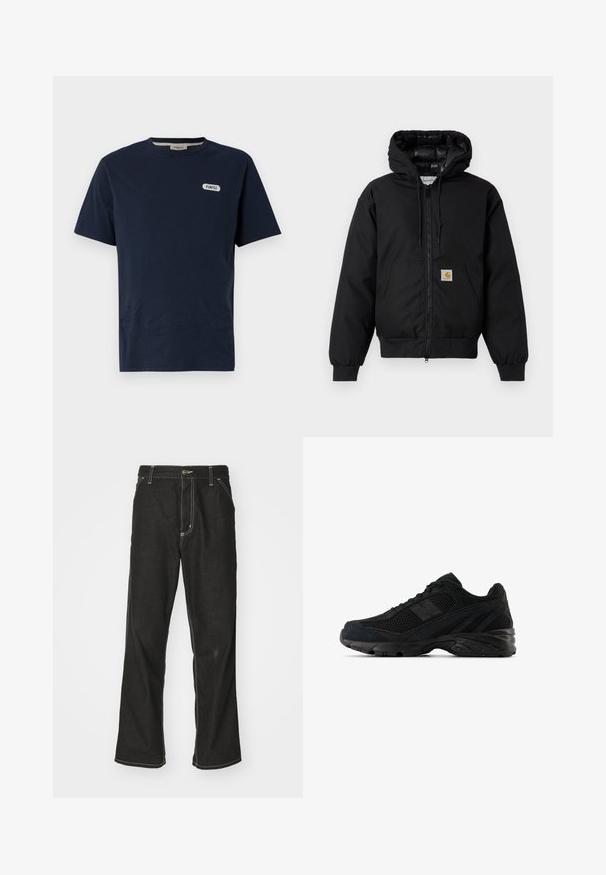 Schwarze Carhartt Kapuzenjacke mit Frontreißverschluss, Kängurutasche, gerippten Bündchen und Logopatch auf der Tasche.; Dunkelblaues Baumwoll-T-Shirt mit Rundhalsausschnitt, kurzen Ärmeln und einem weißen "POMPEII"-Logo auf der linken Brustseite. Glatte Textur, lässige Passform.; Schwarze Denim-Jeans mit lockerer Passform, kontrastierenden weißen Nähten, einem Knopfverschluss und geradem Bein.; Schwarze Sportschuhe aus einer Mischung von Mesh- und Wildledermaterialien, mit einer gebogenen Sohle und strukturierten Akzenten. Schnürdesign mit Logo-Detail.