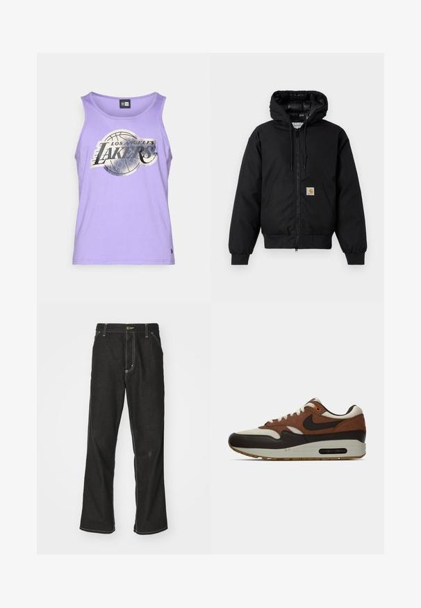 Čierna kapucňová bunda Carhartt s predným zipsom, klokannou vreckom, ribovanými manžetami a logo nášivkou na vrecku.; Fialový bezrukávový top vyrobený z jemnej látky, ktorý na prednej strane obsahuje strieborné logo Los Angeles Lakers a grafiku basketbalu.; Čierne denimové nohavice s voľným strihom, s kontrastným bielym prešívaním, uzáverom na gombík a rovnými nohavicami.; Hnedé, krémové a čierne sneakers Nike Air Max s viditeľnou vzduchovou vložkou a viazaním, zobrazené v bočnom profile na bielom pozadí.