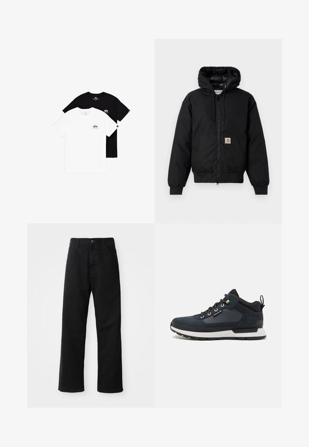 Black Carhartt hooded jacket with front zipper, kangaroo pocket, ribbed cuffs, and logo patch on pocket.; Two crewneck t-shirts: one white and one black. Both feature small logo accents on the left chest. Made of soft cotton fabric.; Black denim pants with a straight cut, featuring front pockets, a zip fly, and a single top button. Textured fabric with a matte finish.; Navy blue hiking shoe with suede and textile upper, white midsole, black outsole, and metallic eyelets. Features a rear pull tab for easy wear.