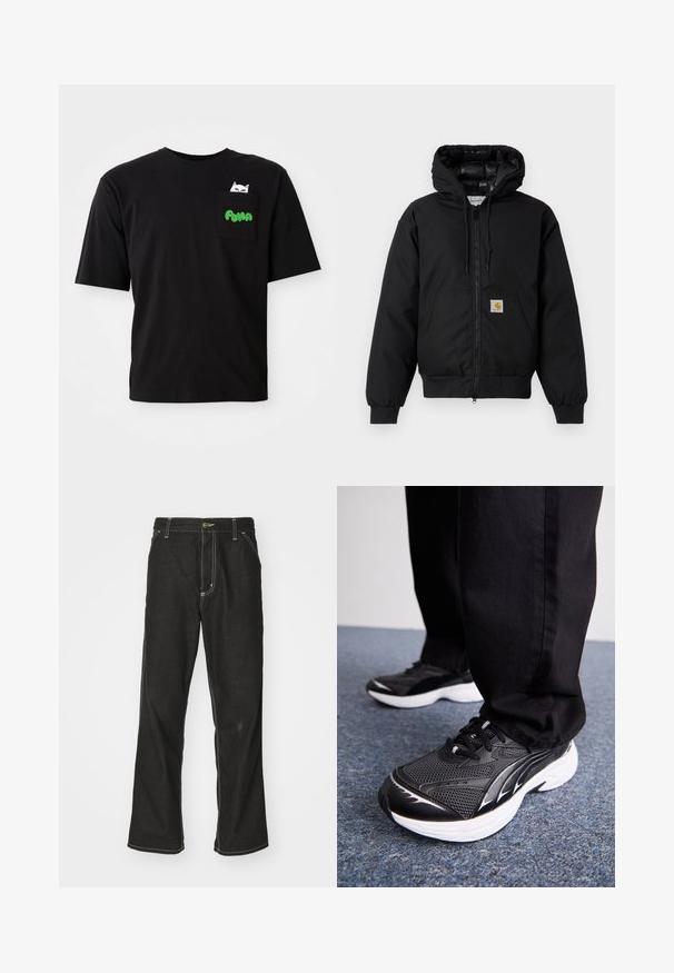 Must värvi Carhartt kapuutsiga jakk, millel on ees viis zipperit, känguru tasku, soonikkoes varrukad ja logo patch taskul.; Must musta T-särk lühikeste varukatega, millel on tasku kassigraafikaga ja rohelise "PUMA" tekstiga. Hõrk lõige ja sile tekstuur.; Mustadest denimist püksid, lahtise lõikega, kontrastsete valgete õmblustega, nööbiga kinnitamine ja sirge säär.; Mustad mustavid jalatsid, millel on võrgusilmast pealistus, valge tald ja mustad aktsendid. Tallal on tekstuur. Kandmine mustade pükste ja sinise vaipkattega pinnal.