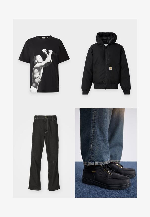 Black Carhartt hooded jacket with front zipper, kangaroo pocket, ribbed cuffs, and logo patch on pocket.; Black oversized t-shirt featuring a large black and white graphic of a shirtless figure holding a microphone. Made of cotton fabric.; Black denim jeans with a loose fit, featuring contrasting white stitching, a button closure, and a straight leg design.; Black leather shoes with gold eyelets and a textured finish, paired with blue denim jeans. Shoes feature a layered sole and branding detail.