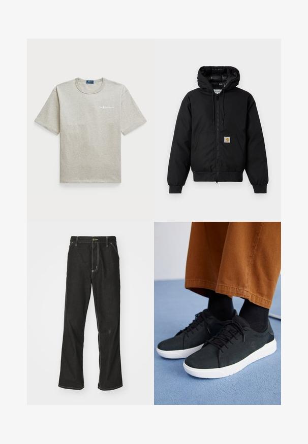 Černá bunda Carhartt s kapucí, předním zipem, klokaní kapsou, ribovanými manžetami a logem na kapse.; Šedé bavlněné tričko s krátkými rukávy, kulatým výstřihem a malým bílým logem na levé části hrudi. Volný střih a hladká textura.; Černé denimové džíny s volným střihem, s kontrastním bílým prošíváním, zapínáním na knoflík a rovnými nohavicemi.; Černé semišové tenisky s bílými gumovými podešvemi, s šněrovacím designem, texturovanými detaily a jemným logem, spárované s hnědými kalhotami.