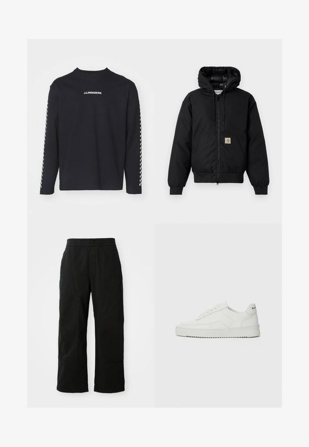 Chaqueta con capucha Carhartt negra, con cremallera frontal, bolsillo tipo canguro, puños de canalé y parche con el logo en el bolsillo.; Camiseta negra de manga larga hecha de algodón, con un cuello redondo y el logo de J.Lindeberg en el pecho, y un patrón a cuadros en las mangas.; Pantalones de algodón negros con una cinturilla elástica, diseño de pierna ancha y grandes bolsillos laterales. La tela parece suave con una textura lisa.; Zapatilla de cuero blanca con un acabado suave, puntera redonda, cordones planos y suela texturizada. Cuenta con un sutil logo en el talón.