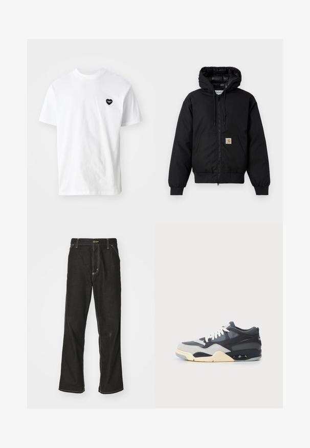 Svart Carhartt-jacka med huva, frontdragkedja, känguruficka, ribbad mudd och logotyp-patch på fickan.; Vit bomullströja med korta ärmar, med en liten svart hjärtformad logotyp på vänster bröstområde. Klassisk rundhalsdesign.; Svarta denimjeans med en lös passform, med kontrasterande vita sömmar, knäppning och raka ben.; Sneaker med en blandad materialöverdel i grått och marinblått, vadderad sula, vita snören och en blå accentlogotyp på hälen.