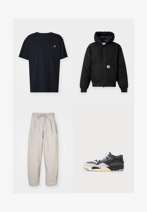 Black Carhartt hooded jacket with front zipper, kangaroo pocket, ribbed cuffs, and logo patch on pocket.; Carhartt WIP AMERICAN SCRIPT - Basic T-shirt - air force blue; Beige, lightweight trousers with an elastic waistband and drawstring. Features pleats and a loose fit, crafted from soft, smooth fabric.; Sneaker with a mixed material upper in gray and navy, cushioned sole, white laces, and a blue accent logo on the heel.