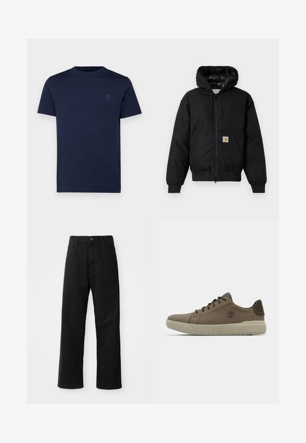 Black Carhartt hooded jacket with front zipper, kangaroo pocket, ribbed cuffs, and logo patch on pocket.; Navy blue cotton t-shirt with a crew neck, short sleeves, and a small embroidered logo on the chest. Smooth texture, regular fit.; Black denim pants with a straight cut, featuring front pockets, a zip fly, and a single top button. Textured fabric with a matte finish.; Brown leather sneakers with a low profile, rubber sole, and green accents; features logo on the side and textured panels for grip.