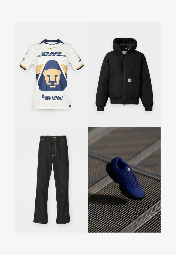 Černá bunda Carhartt s kapucí, předním zipem, klokaní kapsou, ribovanými manžetami a logem na kapse.; Bílý sportovní dres s námořnickými a zlatými akcenty. Obsahuje grafiku lva, logo "DHL" a branding "Mifel". Krátké rukávy a kulatý design výstřihu.; Černé denimové džíny s volným střihem, s kontrastním bílým prošíváním, zapínáním na knoflík a rovnými nohavicemi.; Modrá sportovní bota s texturovaným svrškem, černou podrážkou a tkaničkami. Obsahuje branding "air" na jazyku a viditelné prvky vzduchového odpružení.