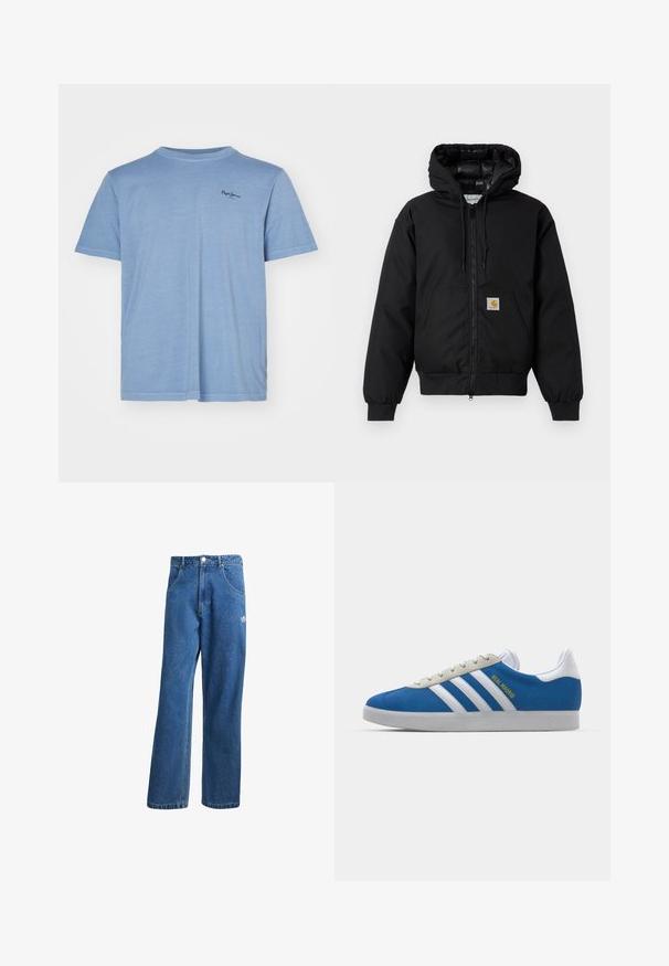 Črna Carhartt kapuca s sprednjim zadrgo, kenguru žepom, rebrastimi manšetami in logotipom na žepu.; Svetlo modra kratka majica s kratkimi rokavi in okroglim izrezom, izdelana iz mehkega blaga, z majhnim logotipom na zgornjem levem predelu prsi.; Modre visoko pasu široke denim kavbojke z sprednjimi žepi, zankami za pas, gumbom za zapiranje in majhnim logotipom Adidas na desni stegno.; adidas Originals ADIDAS GAZELLE SHOES - Dvoranske nogometne kopačke - real madrid/bluebird/footwear white/crew yellow