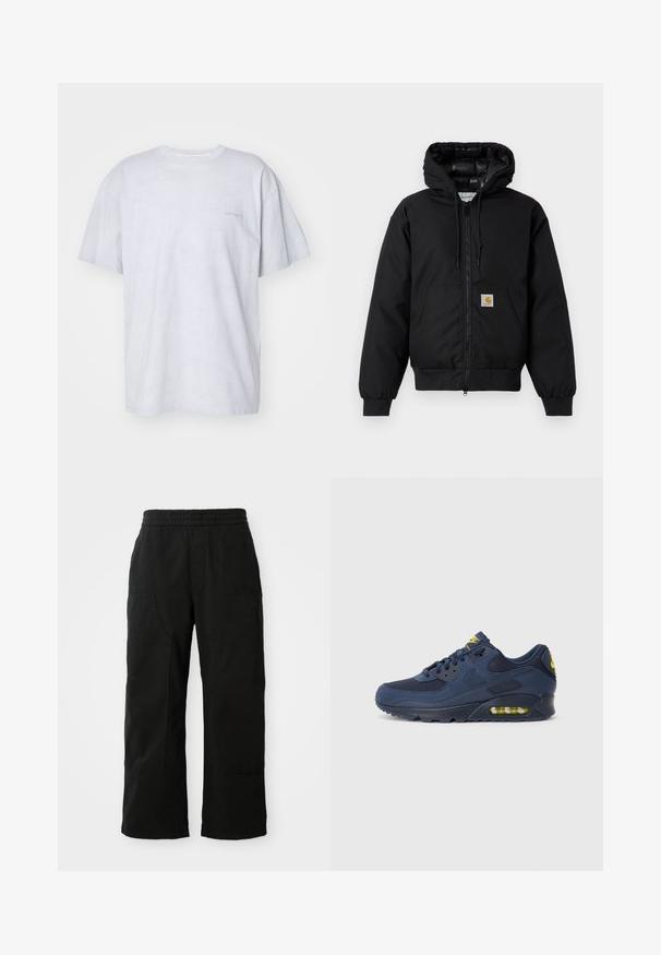 Black Carhartt hooded jacket with front zipper, kangaroo pocket, ribbed cuffs, and logo patch on pocket.; Carhartt WIP DUSTER SCRIPT - Basic T-shirt - basalt; Black cotton pants with an elastic waistband, wide leg design, and large side pockets. Fabric appears soft with a smooth texture.; Navy blue Nike Air Max sneakers with suede and mesh upper, featuring yellow accents, lace-up front, and visible air cushioning in sole.