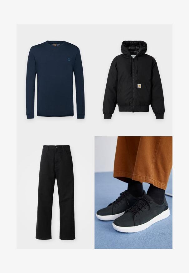 Černá bunda Carhartt s kapucí, předním zipem, klokaní kapsou, ribovanými manžetami a logem na kapse.; Timberland DUNSTAN RIVER LONG SLEEVE TEE - Top s dlouhým rukávem - dark sapphire; Černé džínové kalhoty s rovný střih, s předními kapsami, zipovým zapínáním a jedním horním knoflíkem. Texturovaná látka s matným povrchem.; Černé semišové tenisky s bílými gumovými podešvemi, s šněrovacím designem, texturovanými detaily a jemným logem, spárované s hnědými kalhotami.