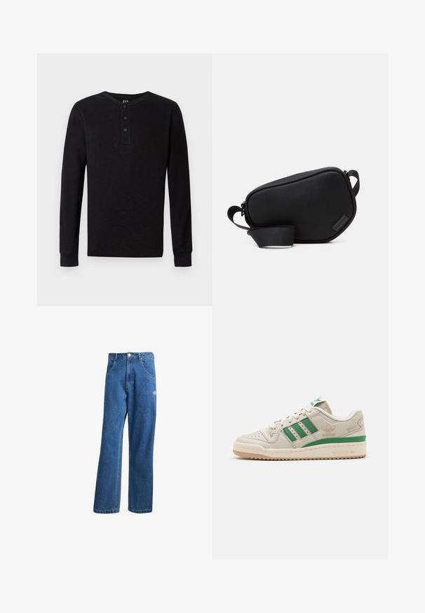 Crna Carhartt jakna s kapuljačom, s prednjim zatvaračem, kangaroo džepom, rebrastim manžetama i logo naljepnicom na džepu.; Crna dugoslojna henley majica s tri gumba na vratu, mekog tekstura i rebrastim manžetama, s klasičnim krojem i minimalističkim dizajnom.; Plave farmerke visokog struka sa širokim nogavicama, prednjim džepovima, petljama za remen, zatvaranjem na dugme i malim Adidas logotipom na desnom bedrima.; Adidas tenisice s bež kožnim gornjim dijelom, zelenim trakama i gumenim potplatom. Imaju podstavljen ovratnik i perforirani vrh za prozračnost.; Crna torba preko ramena sa patentnim zatvaračem, izrađena od glatkog materijala, s ravnim oblikom, jednom trakom i malim logotipom. Minimalistički dizajn.