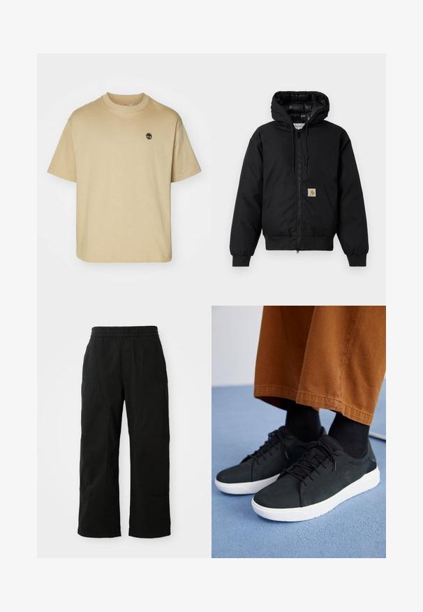 Čierna kapucňová bunda Carhartt s predným zipsom, klokannou vreckom, ribovanými manžetami a logo nášivkou na vrecku.; Béžové bavlnené tričko s krátkymi rukávmi, okrúhlym výstrihom a malým vyšitým logom na hrudi. Klasický boxy strih a hladká textúra.; Čierne bavlnené nohavice s elastickým pásom, širokým strihom a veľkými bočnými vreckami. Tkanina sa zdá byť mäkká s hladkým povrchom.; Čierne zamatové tenisky s bielymi gumovými podrážkami, so šnurovacím dizajnom, textúrovanými akcentami a decentným brandingom, skombinované s hnedými nohavicami.