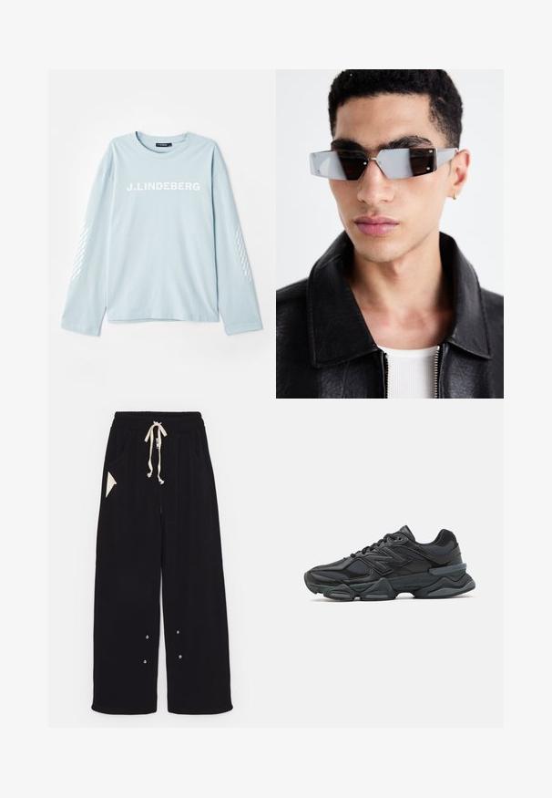 Czarna, bawełniana kurtka z kapturem Carhartt z przednim zamkiem błyskawicznym, kieszenią kangurką, ściągaczami przy mankietach oraz naszywką z logo na kieszeni.; Jasnoniebieska koszulka z długim rękawem, wykonana z miękkiego materiału, z białym logo "J. Lindeberg" z przodu oraz wzorzystym akcentem na rękawach.; Czarne spodnie w szerokim kroju wykonane z miękkiej tkaniny, z elastycznym pasem na sznurek, bocznymi kieszeniami oraz trójkątną kieszonką akcentującą. Zawierają elementy ze srebrnego metalowego wykończenia.; Czarne buty biegowe z mieszanką siateczki i materiałów syntetycznych, masywną podeszwą, opływowym kształtem oraz wyraźnym brandingiem z boku.; Kątowe, szare okulary przeciwsłoneczne z metalowymi elementami w kolorze srebrnym, na jasnym tle. Soczewki mają unikalny, geometryczny kształt.