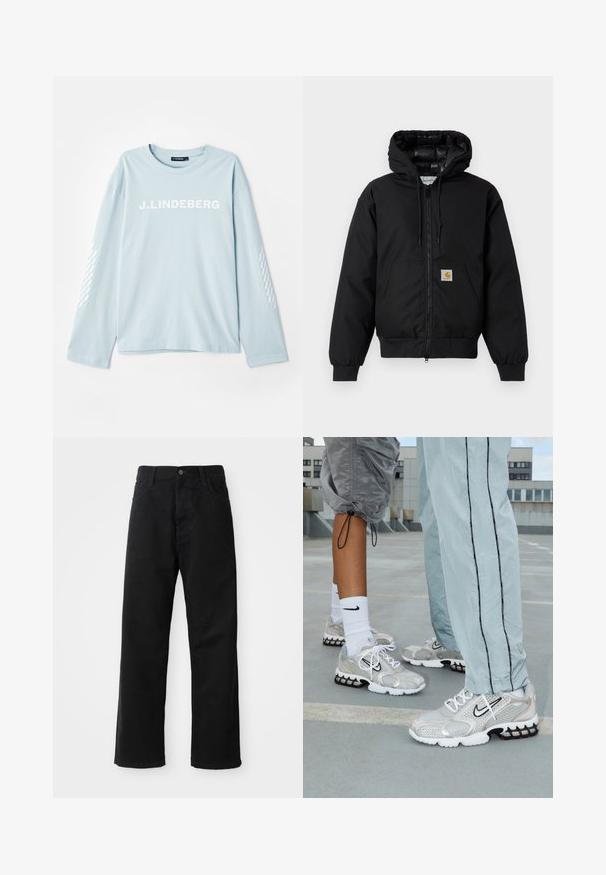 Zwarte Carhartt hoodie met rits aan de voorkant, kangoeroezak, geribde manchetten en logopatch op de zak.; Lichtblauwe longsleeve t-shirt van zachte stof, met het "J. Lindeberg" logo in het wit op de voorkant en een patroonaccent op de mouwen.; Zwarte denim broek met een rechte pasvorm, voorzien van voorzakken, een rits en een enkele bovenste knoop. Gestructureerde stof met een matte afwerking.; Nike sportieve schoenen in een zilveren gaasmateriaal, met witte veters, een zwart swoosh-logo en een zwart-rode luchtkussenzool.