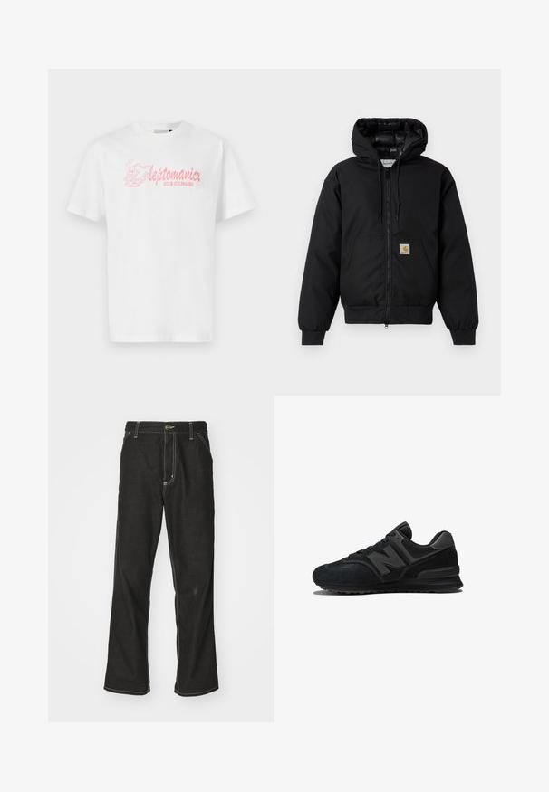 Black Carhartt hooded jacket with front zipper, kangaroo pocket, ribbed cuffs, and logo patch on pocket.; White cotton t-shirt with short sleeves, featuring a pink graphic illustration and text "leptomanicx CLUB CULINAIRE" on the front.; Black denim jeans with a loose fit, featuring contrasting white stitching, a button closure, and a straight leg design.; Black sneaker featuring a suede and mesh upper, thick sole, and prominent 'N' logo on the side. Textured design with lace closure.