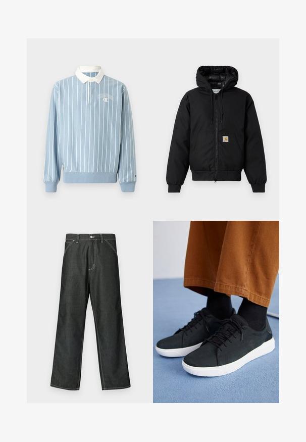 Fekete Carhartt kapucnis dzseki elöl cipzárral, kenguruzsebbel, bordás mandzsettákkal és logóval ellátott zsebbel.; Világoskék, hosszú ujjas pólóing fehér csíkokkal, fehér gallérral és egy kis Champion logóval a mellkason. Puha anyagból készült.; Sötét farmerszövetből készült, széles szárú nadrág fehér varrással, szabványos öt zsebes kialakítással, fém gombbal záródik, és egyenes szegélyű.; Fekete velúrbőr sneaker fehér gumitalppal, fűzős dizájnnal, texturált részletekkel és diszkrét márkázással, barna nadrággal párosítva.