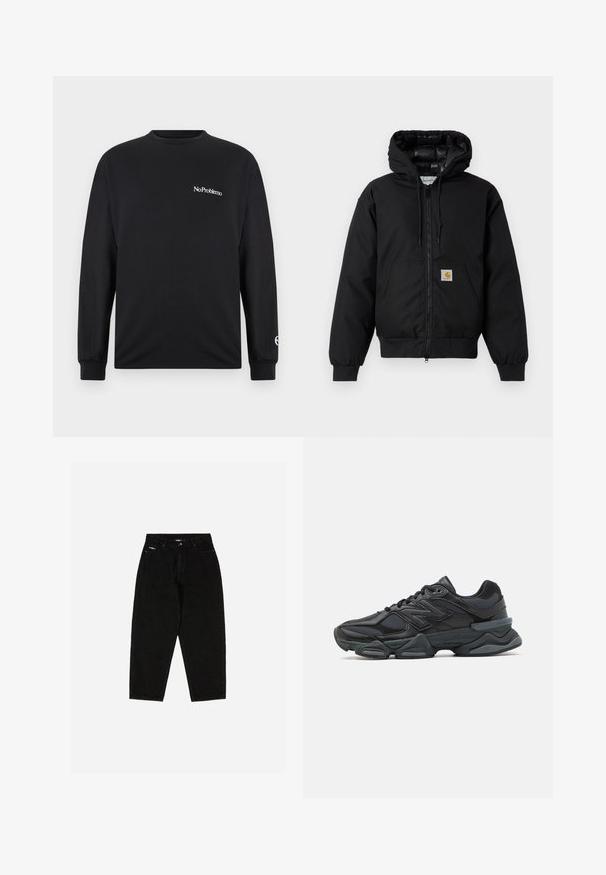 Črna Carhartt kapuca s sprednjim zadrgo, kenguru žepom, rebrastimi manšetami in logotipom na žepu.; Črna dolga majica z dolgimi rokavi, izdelana iz bombaža. Na prsih ima napis "No Problemo" in logo na rokavu. Ima okrogel izrez in oprijete manšete.; Črne jeans hlače z visokim pasom, ravnim krojem in diskretnim logotipom na sprednjem žepu. Imajo klasičen pet žepni stil.; Črne tekaške superge, ki združujejo mrežaste in sintetične materiale, imajo debel podplat, ukrivljen oblikovni slog ter izrazito blagovno znamko na strani.