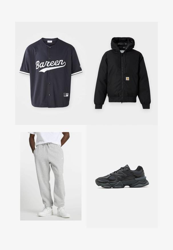 Juodas Carhartt džemperis su gobtuvu, priekiniais užtrauktukais, kengūros kišene, raibstais rankogalviais ir logotipo pleistru kišenėje.; Juoda tinklinė marškinėlių su trumpos rankovėmis ir spaudimo mygtukų uždarymu, ant jų baltu spalva užrašyta "Bareen", balti akcentiniai dryžiai ant rankovių, matoma dydžio etiketė.; Vyras, vilkintis šviesiai pilkas džinsus su raišteliu ir baltus sportinius batus, stovi su rankomis kišenėse prieš baltą foną.; Juodas bėgimo batelis, pagamintas iš tinklinės ir sintetinės medžiagos, turintis stambų pado dizainą, kreivą formą ir ryškią prekės ženklą šone.