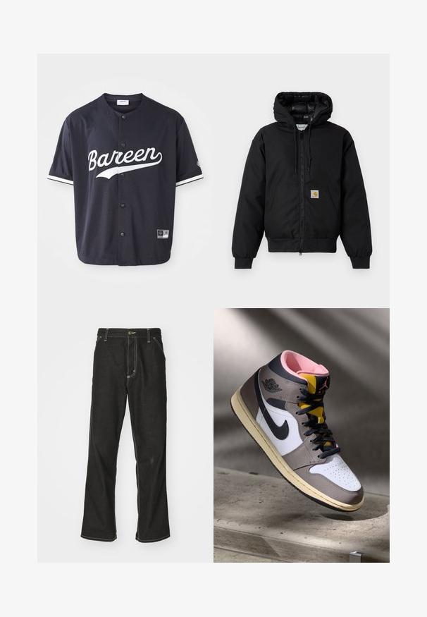 Juodas Carhartt džemperis su gobtuvu, priekiniais užtrauktukais, kengūros kišene, raibstais rankogalviais ir logotipo pleistru kišenėje.; Juoda tinklinė marškinėlių su trumpos rankovėmis ir spaudimo mygtukų uždarymu, ant jų baltu spalva užrašyta "Bareen", balti akcentiniai dryžiai ant rankovių, matoma dydžio etiketė.; Juodi džinsai su laisvu siluetu, turintys kontrastingas balto siūlo siūles, mygtuko uždarymą ir tiesų kojos dizainą.; Balti Nike Air Jordan aukšti sportbačiai balta, pilka ir juoda spalva su rožine vidine dalimi ir geltonu liežuvėliu, padėti ant betono paviršiaus.