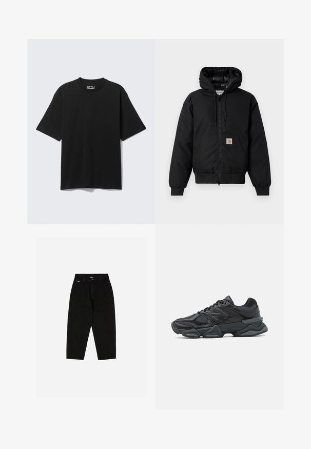 Casaco com capuz Carhartt preto, com fecho na frente, bolso tipo canguru, punhos canelados e patch do logo no bolso.; T-shirt preta de algodão com mangas curtas, decote redondo e corte descontraído. O tecido tem uma textura suave, sem padrões ou detalhes visíveis.; Jeans de ganga pretos com cintura alta, design de perna reta e logo discreto no bolso da frente. Apresenta um estilo clássico de cinco bolsos.; Sapato de corrida preto com uma combinação de malha e materiais sintéticos, sola robusta, design curvado e uma marca de destaque na lateral.
