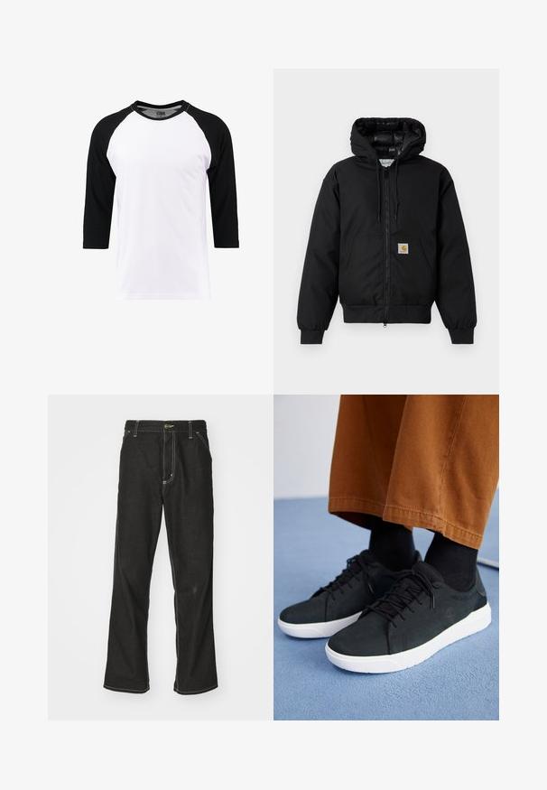 Melnā Carhartt kapuce jaka ar priekšējo rāvējslēdzēju, kangorūkas kabatu, ribotām piedurknēm un logotipa plāksteri uz kabatas.; Balts īsām piedurknēm T-krekls ar melnām raglan piedurknēm, izgatavots no kokvilnas, ar apaļu kakla izgriezumu un gludu tekstūru.; Melni džinsi ar brīvu piegriezumu, ar kontrastējošu baltu diegu, pogu aizdari un taisnu kāju dizainu.; Melnas zamšādas kedas ar baltām gumijas zolēm, ar saistāmām auklām, tekstūrētām detaļām un diskrētu zīmolu, apvienotas ar brūniem biksēm.